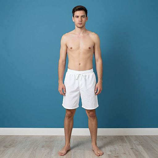 Photograph of a young, shirtless man with short dark hair, light skin, and an athletic build, standing barefoot in white shorts against a