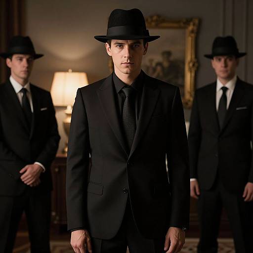 Photograph of a serious man in a black suit and hat, flanked by two similarly dressed men, in a dimly lit room with a warm