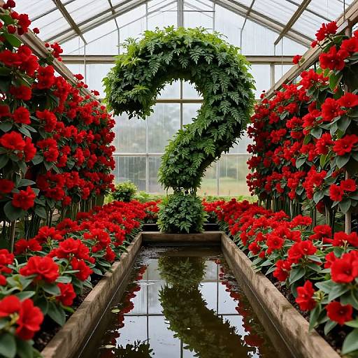 Photograph of a greenhouse with vibrant red roses on both sides, a lush green number 