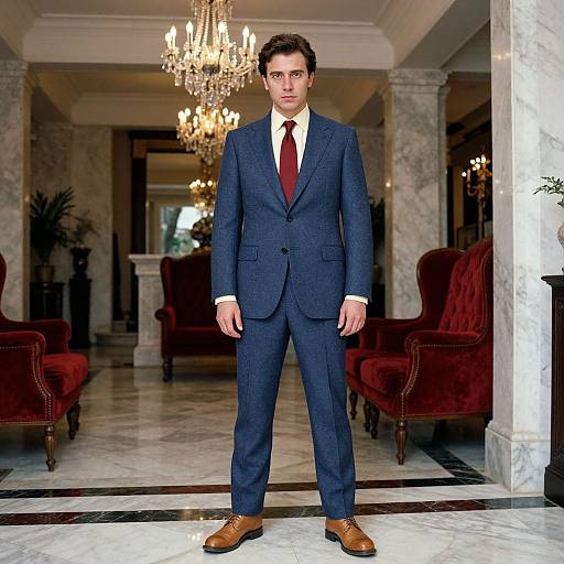 Photograph of a young man with short dark hair, wearing a dark blue suit, white shirt, red tie, and brown shoes, standing in an