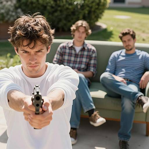 Three Men Outdoors with Gun and Couch