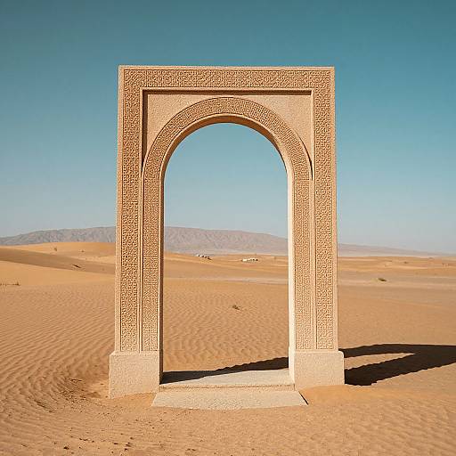 Photograph of an ornate, arch-shaped stone structure with intricate patterns, standing alone in a vast, sunlit desert with rippled sand and clear