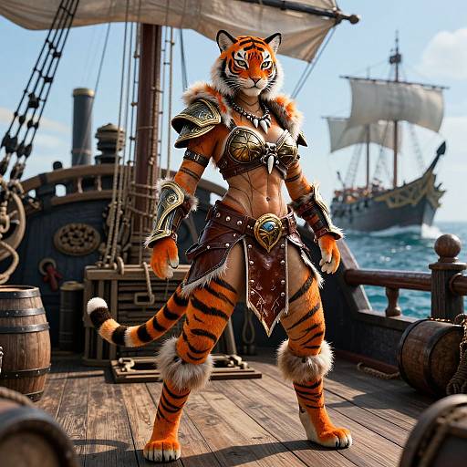 Anthropomorphic female tiger warrior with orange fur and black stripes, wearing medieval armor and leather loincloth, stands on a pirate ship deck with a