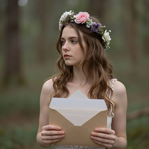 Photograph of a young woman with wavy brown hair, wearing a floral crown and white lace dress, holding a brown envelope with white letter, standing