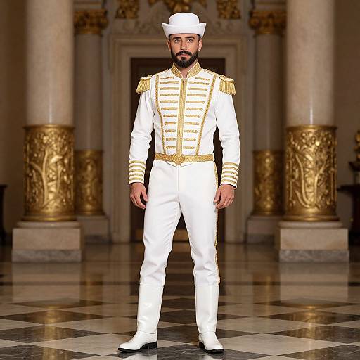 Man in White and Gold Regal Outfit in Grand Ballroom