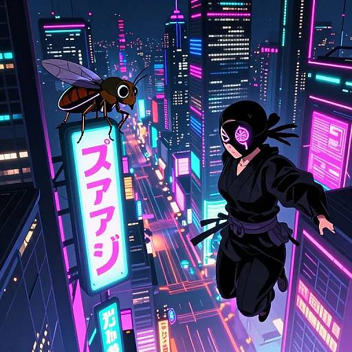 Digital anime-style illustration: A ninja in black outfit and mask, with a katana, leaps through a neon-lit, futuristic cityscape pursued by
