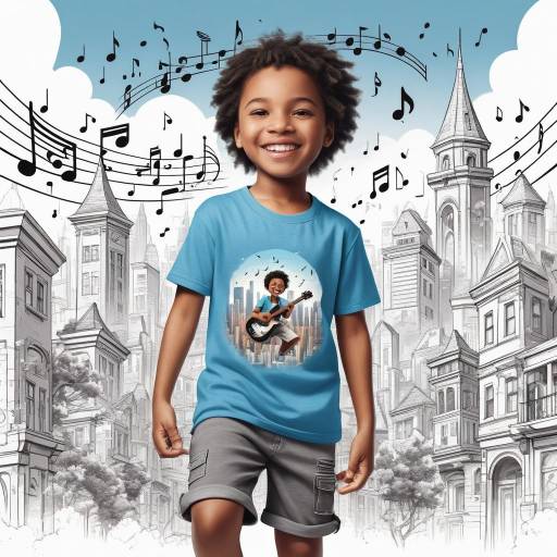 Joyful Child Musician in Whimsical Cityscape Joyful Child Musician in Whimsical Cityscape