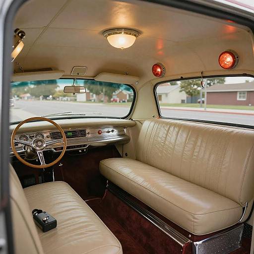 Photograph of a vintage car interior with cream leather seats, wooden steering wheel, chrome dashboard, red dome lights, and carpeted floor. Viewed