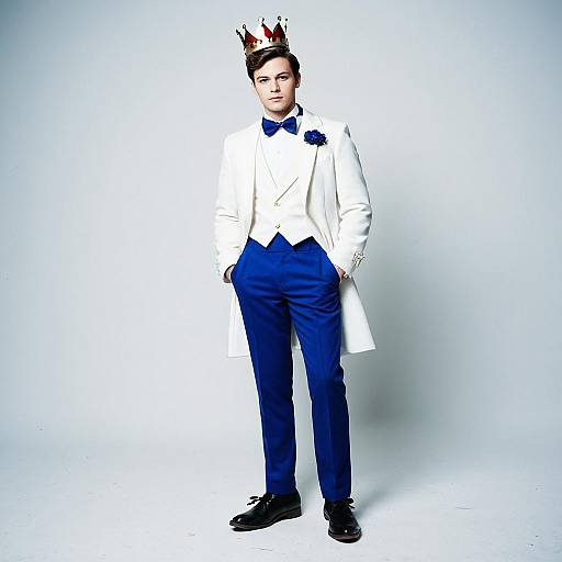 Prom King in Blue and White Formalwear with Crown
