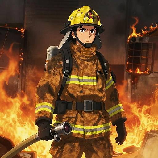 Brave Firefighter in Fiery Anime Scene