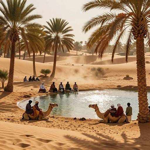 Photograph of people riding camels and sitting by a desert oasis, surrounded by tall palm trees and golden sand dunes.