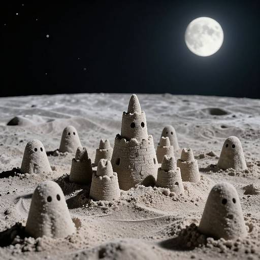 Photograph of a moonlit lunar landscape with numerous small, sandcastle-like structures with conical and cylindrical shapes, each featuring two black dots for eyes