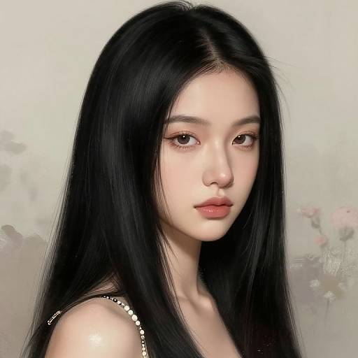 Digital portrait of an East Asian woman with long, straight black hair, fair skin, and subtle makeup, wearing a strapless top, against a softly