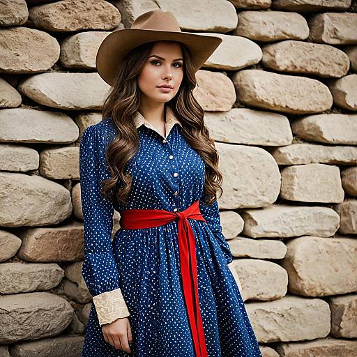 Young Woman in Traditional Western Dress and Cowboy Hat