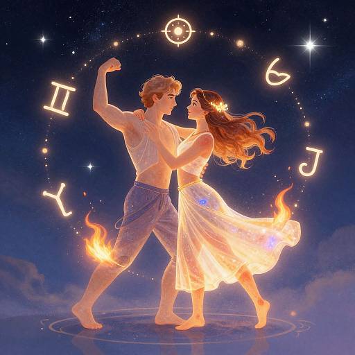 Digital artwork of a muscular, shirtless man and a long-haired woman dancing with flames, surrounded by zodiac signs in a starry night sky.