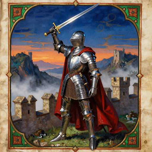 Medieval knight in shiny silver armor with red cape, holding sword aloft, stands in castle courtyard at sunset, framed in ornate border. Digital