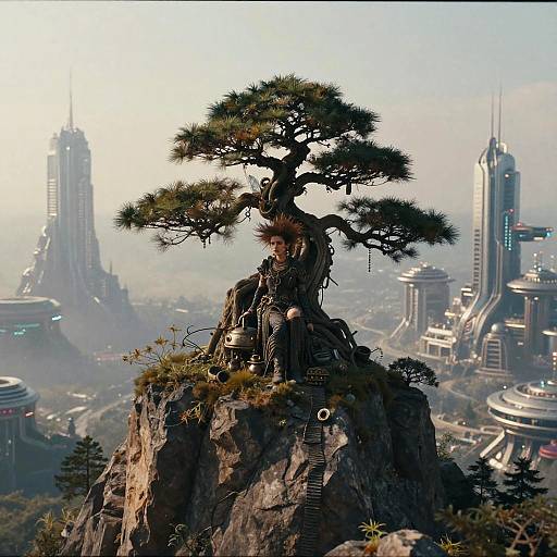 Steampunk Woman Under Magical Bonsai Tree on Rocky Mountain