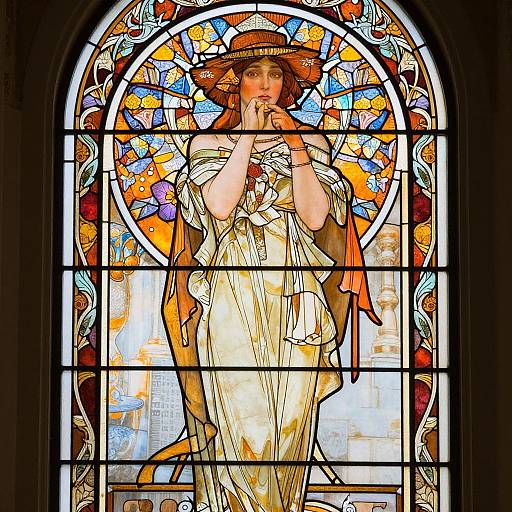 Stained glass window depicting a fair-skinned, brown-haired woman in a flowing white dress and wide-brimmed hat, hands near face, surrounded