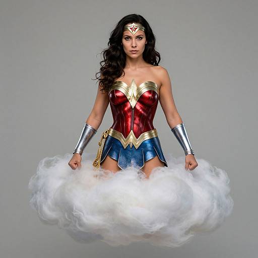 Photograph of Wonder Woman with long black hair, red and gold corset, blue skirt, silver bracelets, and tiara, floating on white clouds
