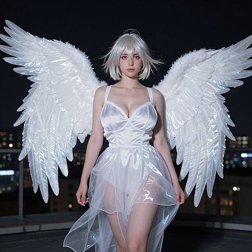 Photograph of a pale-skinned woman with white feathered wings and short white hair, wearing a translucent white dress, standing on a rooftop at night