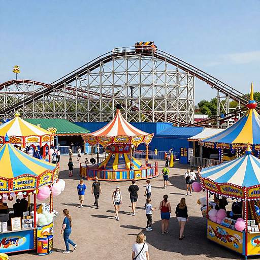 Brightly colored carnival scene with roller coaster in background, colorful tents, and people walking in sunny, clear sky.