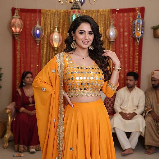 Photograph of a smiling South Asian woman in an orange traditional lehenga with gold embroidery, standing in front of a decorated red and gold backdrop with hanging