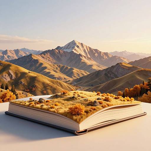 Photorealistic CGI: Open book transformed into grassy mountain landscape, with sunlit, golden-hued hills and distant snow-capped peaks under a
