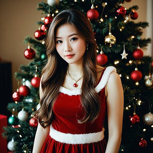 Woman in Red Christmas Dress by Tree