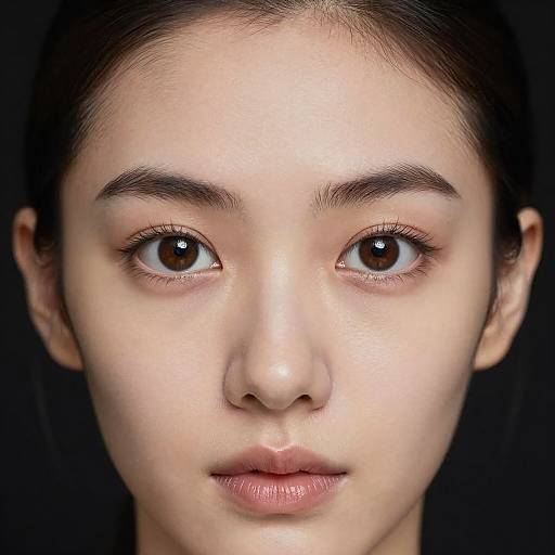 Close-up photograph of an Asian woman with fair skin, dark brown eyes, and straight black hair, against a black background.