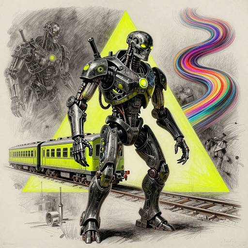 Digital artwork: Cybernetic robot with glowing yellow accents stands on train tracks, carrying a green train, beside a yellow triangle and colorful rainbow swirls