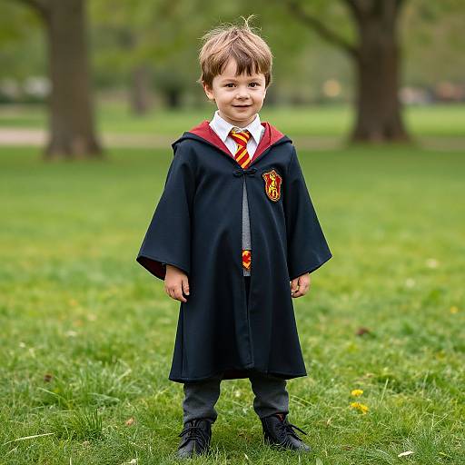 Photograph of a young boy with light brown hair, wearing a black Hogwarts robe with red trim and orange striped tie, standing on green grass in a