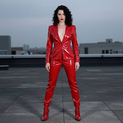 Photograph of a pale-skinned woman with curly black hair, wearing a shiny red leather suit and matching boots, standing confidently on a rooftop against a
