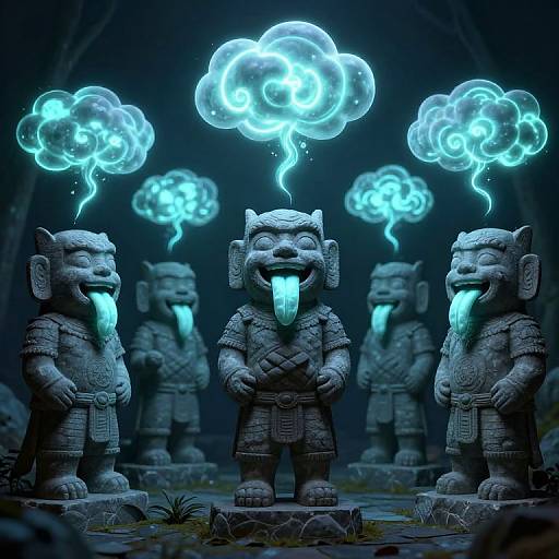 CGI image of five glowing, stone Aztec warrior statues with blue tongues, standing in a dark forest, each with ethereal blue clouds above their