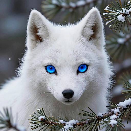 Photograph of a white wolf with striking blue eyes, surrounded by snow-covered pine branches, creating a magical and serene winter scene.