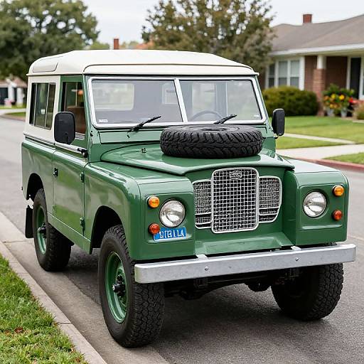 Photograph of a green classic Land Rover with white roof, black spare tire on the roof, parked on a suburban street.