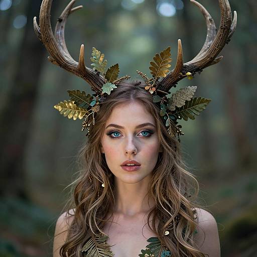 Photorealistic digital artwork of a fair-skinned, blue-eyed woman with long brown hair, wearing antler headpiece adorned with leaves, in a