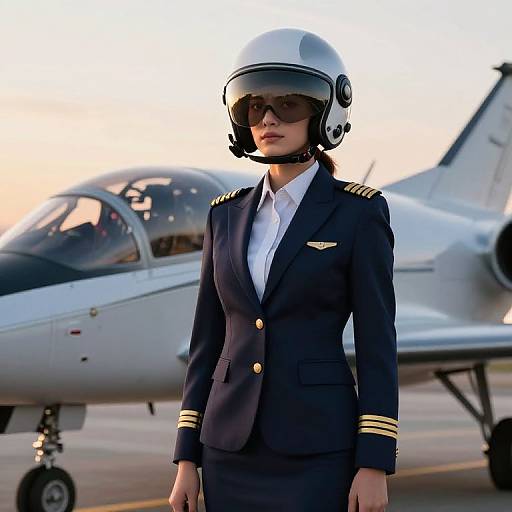 Photograph of a serious female pilot in navy uniform with gold stripes, white helmet, and sunglasses, standing in front of a white military jet on an