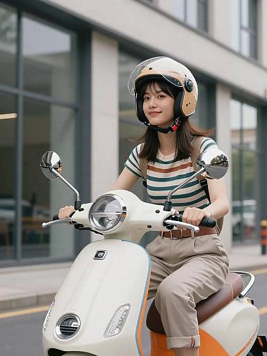 Young Woman Riding White Scooter in City