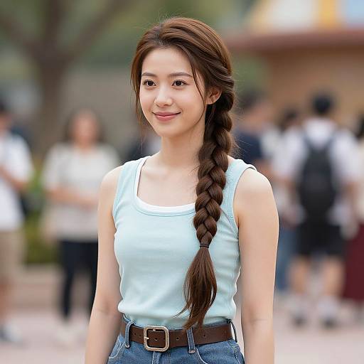 Photograph of a smiling Asian woman with long braided brown hair, wearing a light blue tank top and blue jeans, standing outdoors with a blurred background