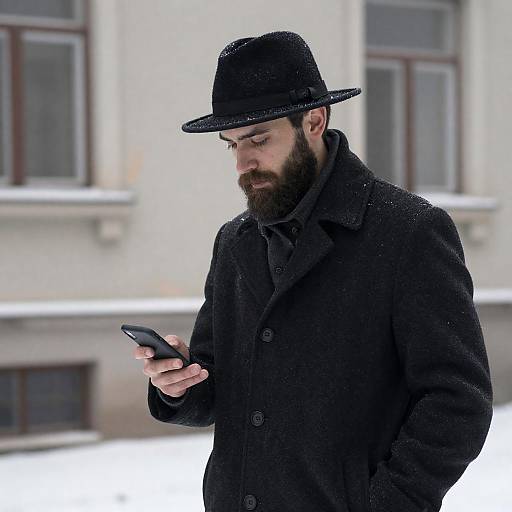 Bearded Man in Snowy Urban Scene