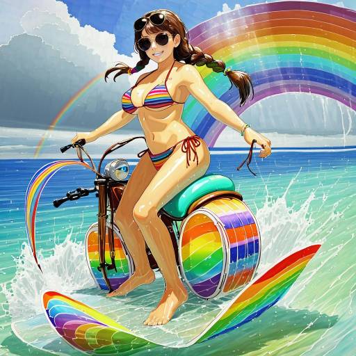 Woman in Rainbow Bikini Riding Water Surfboard Bike
