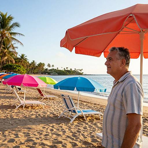 Photograph of an older man with short gray hair, wearing a striped shirt, standing under a red beach umbrella on a sunny beach with colorful umbrellas