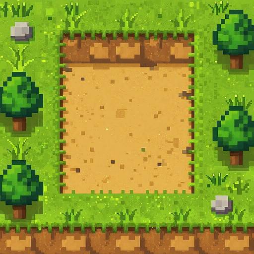 Pixel art of a grassy outdoor scene with a central yellow square, surrounded by green grass, trees, brown dirt, and white rocks.