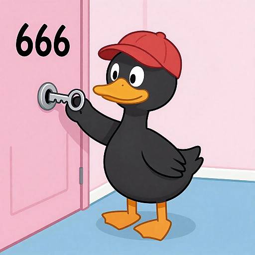 Cartoon Duck Unlocking a Pink Door