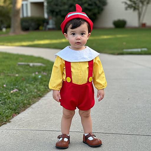 Photograph of a young Asian boy standing on a sidewalk, wearing a red hat, yellow shirt, red shorts, white collar, and brown shoes,
