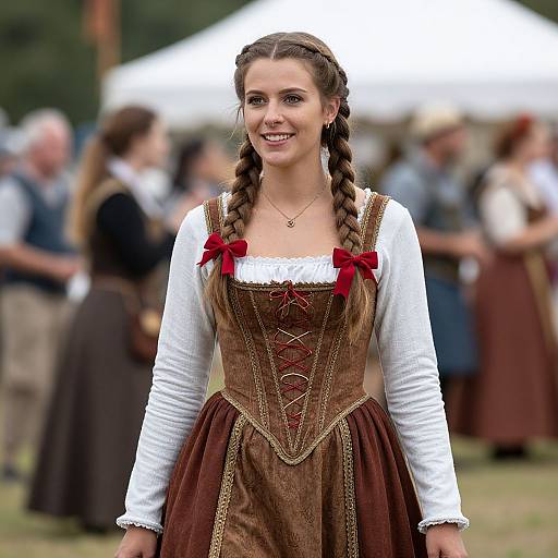 Photograph of a smiling young woman with braided brown hair, wearing a brown Renaissance-style dress with red ribbons and white blouse, standing outdoors at