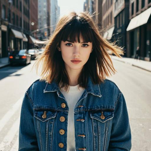 Fashion Model with Choppy Bangs and Denim Jacket in City Street