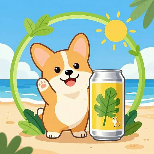 Cute digital illustration of a happy, orange and white corgi with a raised paw, standing beside a yellow drink can with a leaf design,