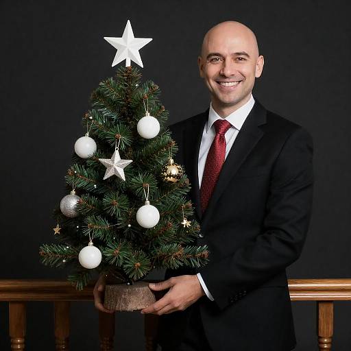 Smiling Bald Man Holding Christmas Tree