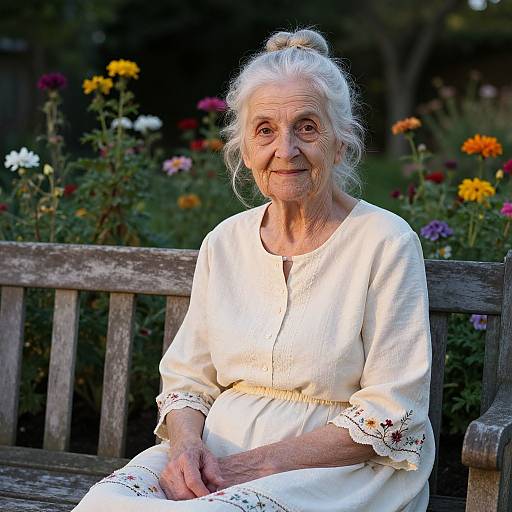 Photograph of an elderly white woman with white hair in a bun, wearing a cream dress with lace sleeves, sitting on a wooden bench in a colorful